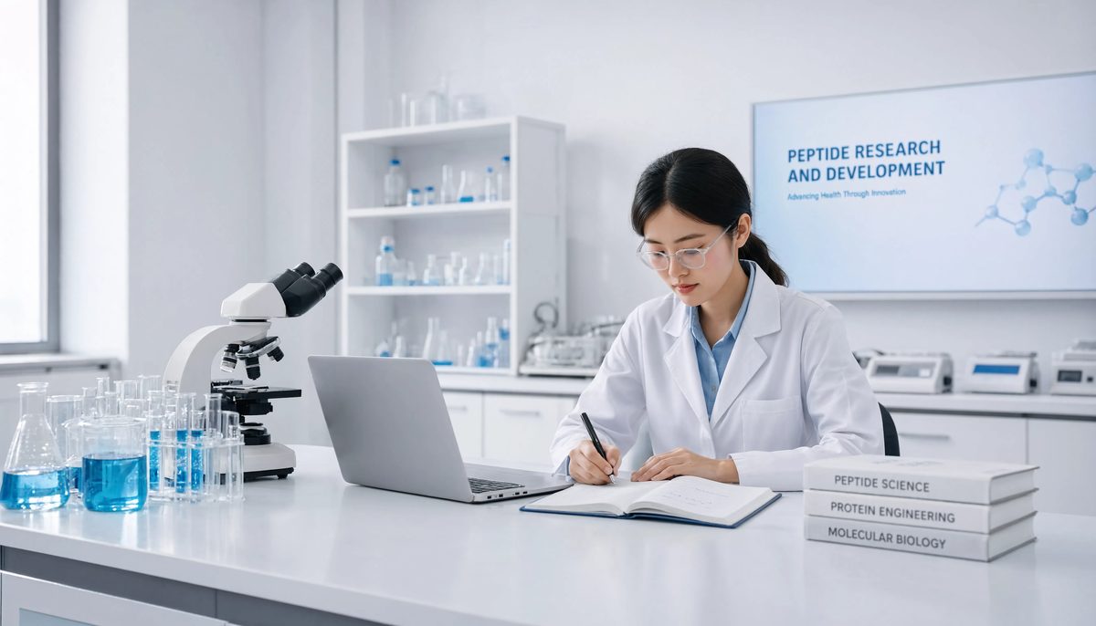 Researcher taking notes at a peptide research workstation