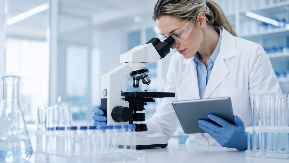Researcher at a microscope reviewing results on a tablet
