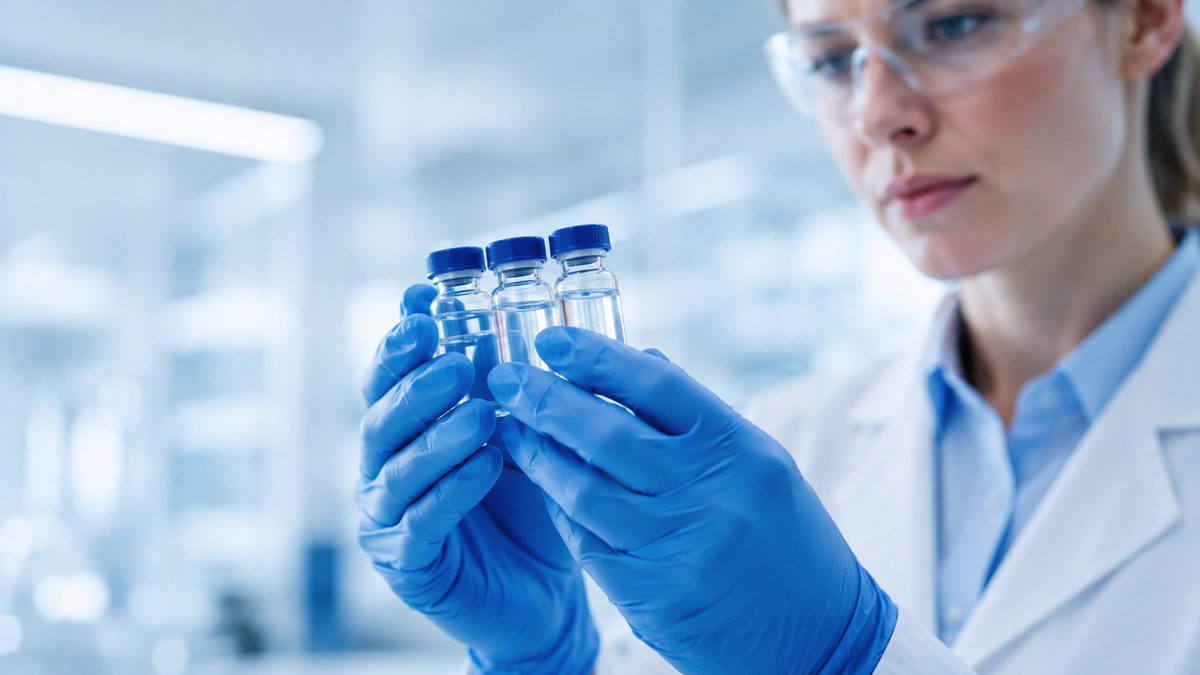 Researcher examining peptide vials in a laboratory