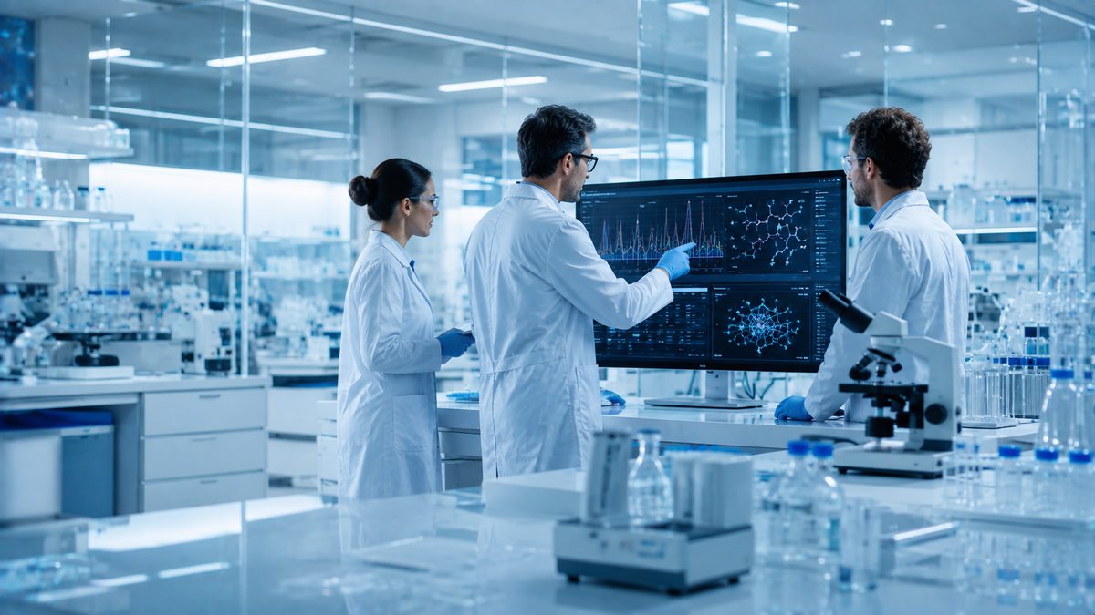 Two scientists discussing a molecular structure on screen