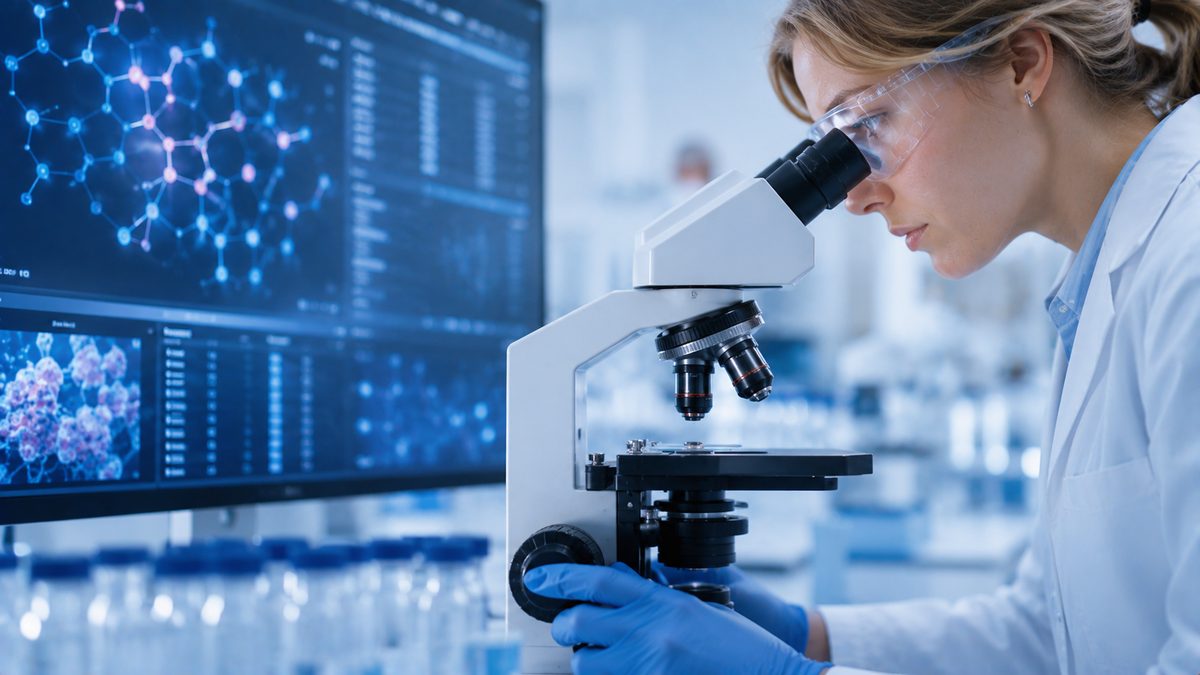 Scientist using a microscope beside a molecular structure display